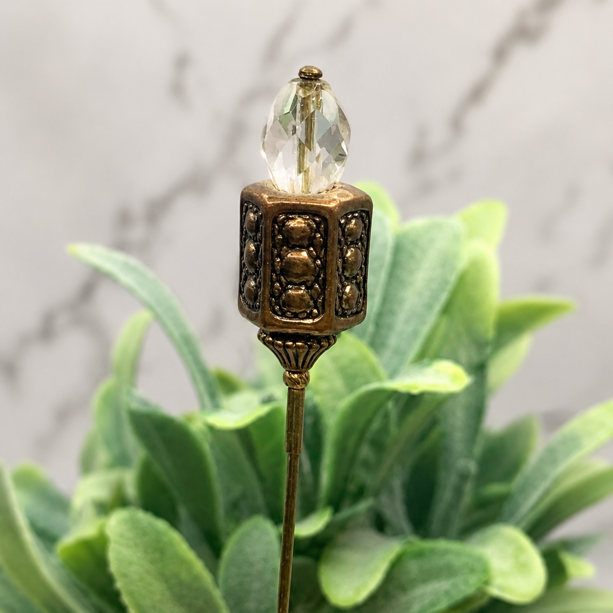 Clear Crystal - Bronze Brass Ornate -  6” Pin • Hatpin - Stick Pin