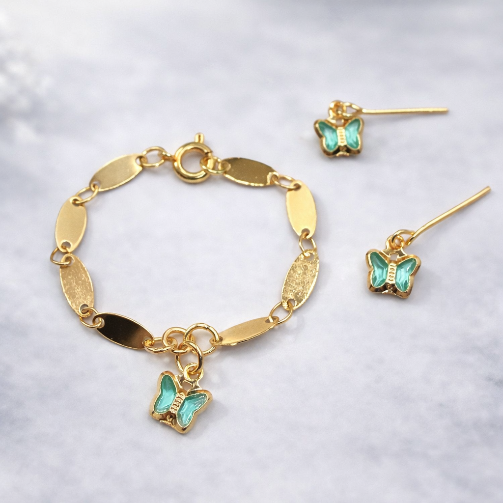Teal Crystal Butterfly Charm Gold Oval Link Doll Necklace & Earrings • 14 Inch Fashion Doll Jewelry