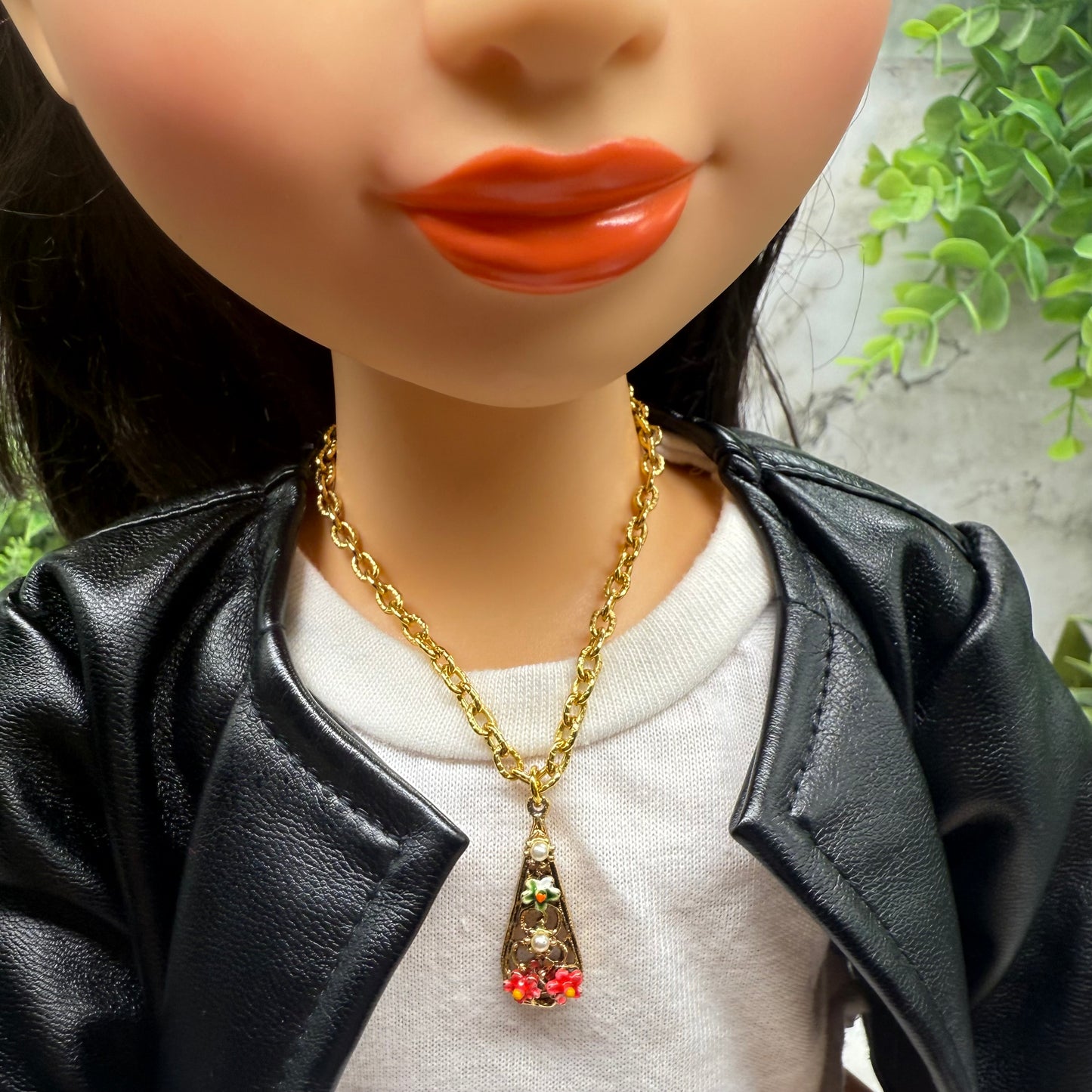 Teardrop Charm Floral Design Gold Chain Doll Necklace • 18 Inch Fashion Doll Jewelry