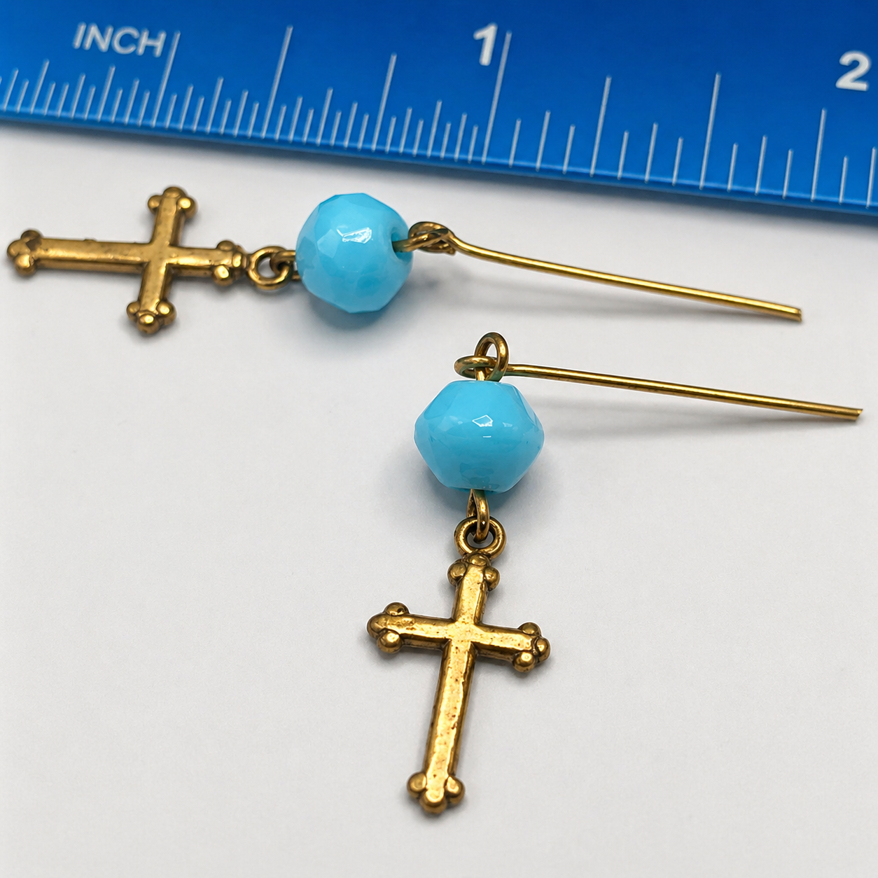 Turquoise Blue Glass & Gold Cross Dangle Doll Earrings • 18 Inch Fashion Doll Jewelry