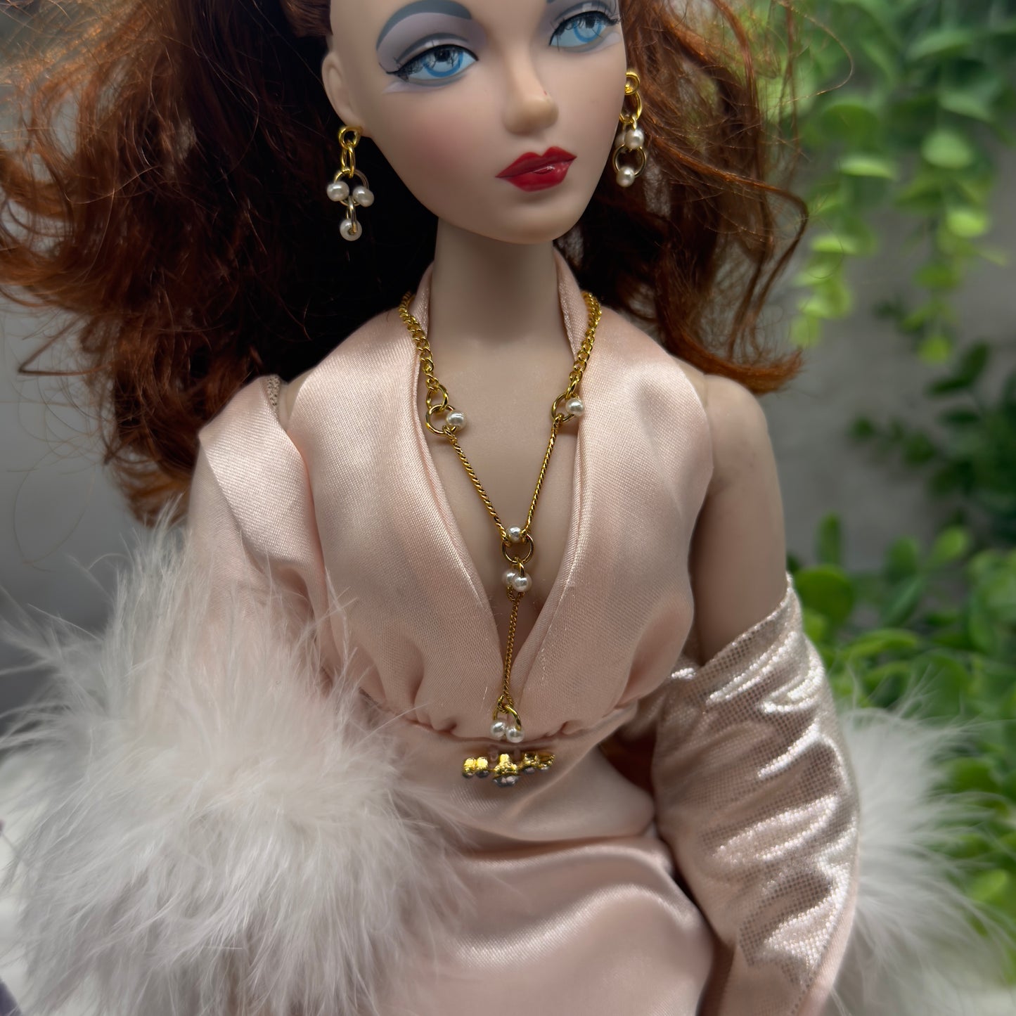 Pearl & Circle Y-Drop Gold Long Doll Necklace Earrings Set • 16” Doll Jewelry