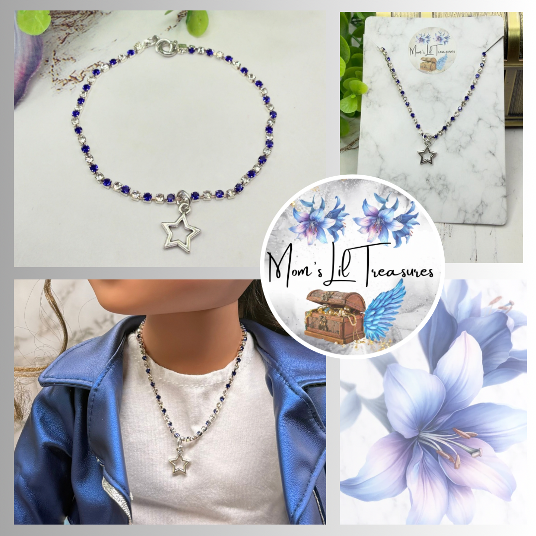 Blue & Clear Rhinestone Silver Star Charm Doll Necklace for 18 Inch Fashion Doll
