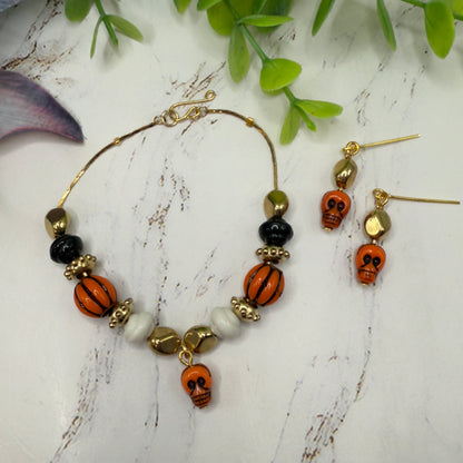 Skull Charm Halloween Acrylic Slide Bead Gold Chain Doll Necklace and Earrings Set • 18 Inch Fashion Doll Jewelry