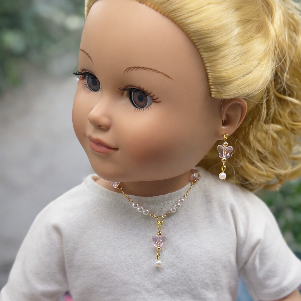 Pink Acrylic Crystal Butterfly & Pearl Gold Doll Necklace & Earrings • 18 Inch Fashion Doll Jewelry