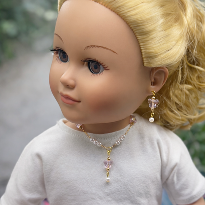Pink Acrylic Crystal Butterfly & Pearl Gold Doll Necklace & Earrings • 18 Inch Fashion Doll Jewelry