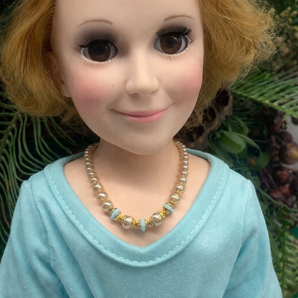 Pearl & Baby Blue Glass Bead Doll Necklace for 18-22” Vintage Doll Jewelry