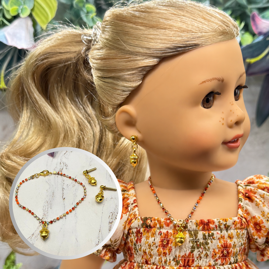 Gold Acorn Charm Multi Color Rhinestone Doll Necklace & 2mm Post Earrings | for 18 Inch Dolls • American Girl