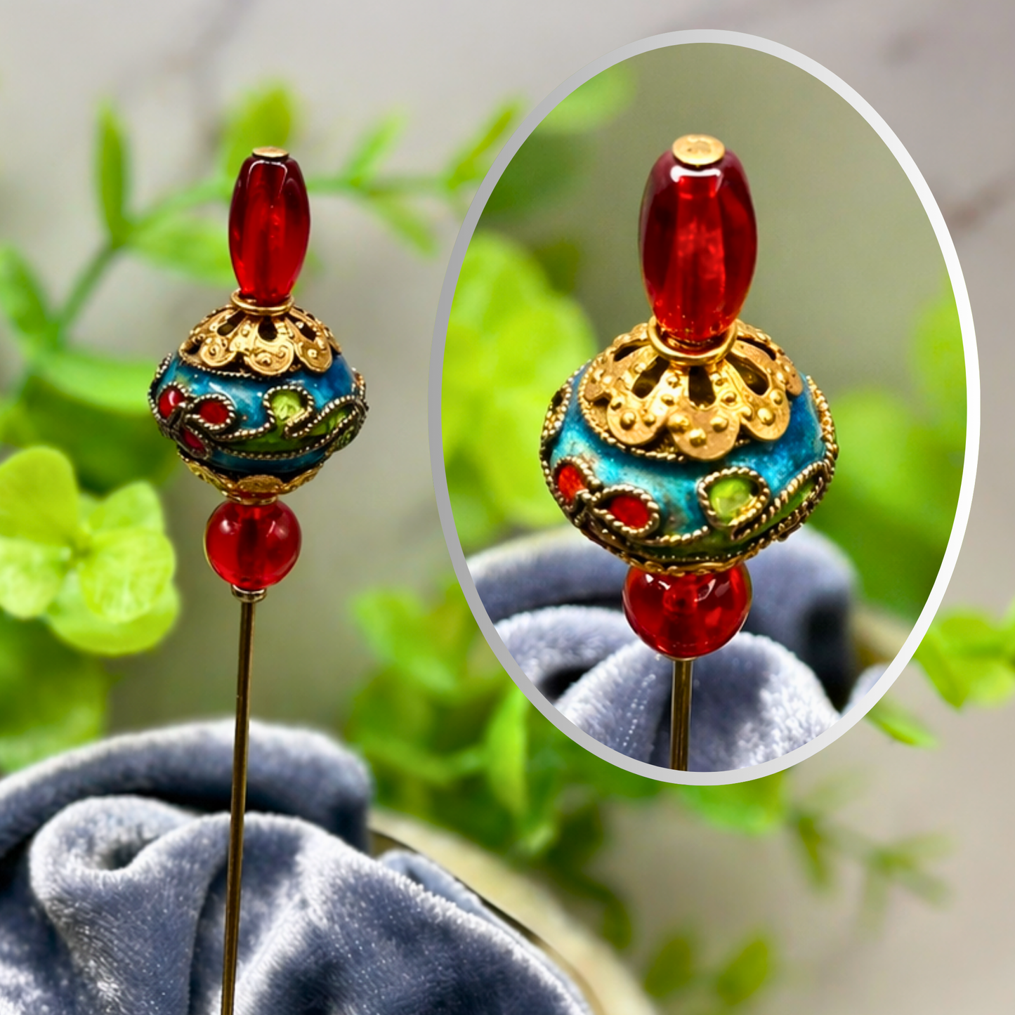 Red Lucite Blue Green Cloisonné Floral Design Gold Filigree Hatpin • 6 Inch