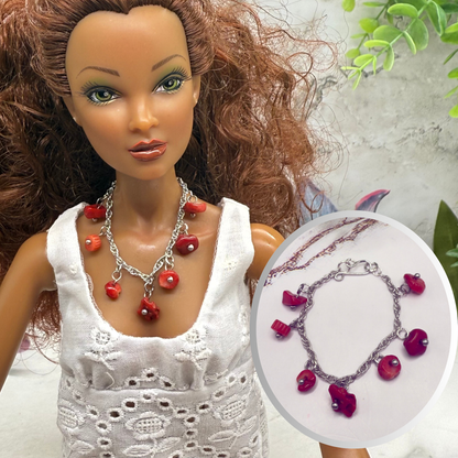 Red Stone Dangles Silver Chain Doll Necklace • 16 Inch Fashion Doll Jewelry