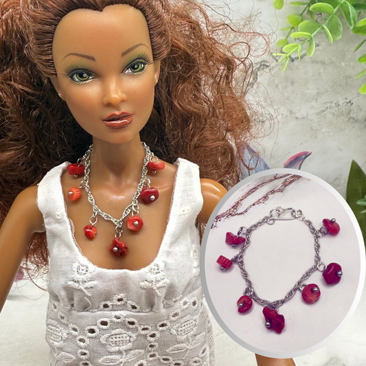 Red Stone Dangles Silver Chain Doll Necklace • 16 Inch Fashion Doll Jewelry