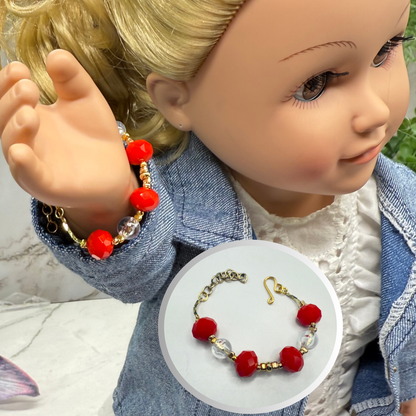 Red Clear Acrylic Crystal Bead Gold Doll Bracelet • 18 Inch Fashion Doll Jewelry