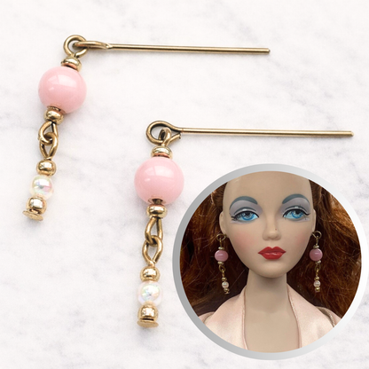 Pink Glass Pearl Gold Dangle Doll Earrings •  16 Inch Fashion Doll Jewelry