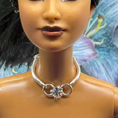 Silver Curved Link Rhinestone Charm Doll Necklace • 10-12 Inch Fashion Doll Jewelry 1:6
