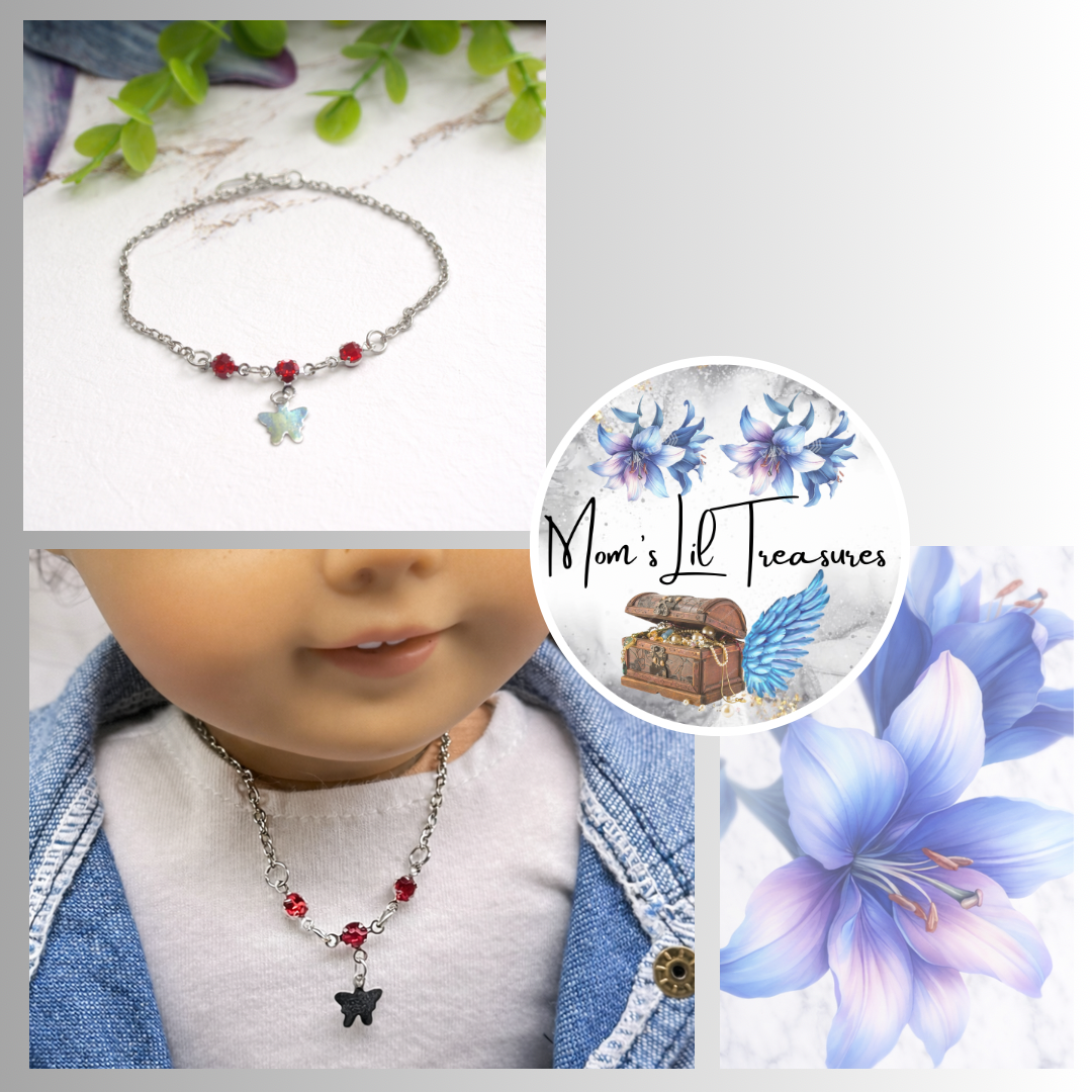 Silver Butterfly Charm Red Rhinestone Accent Doll Necklace • 18 Inch Fashion Doll Jewelry