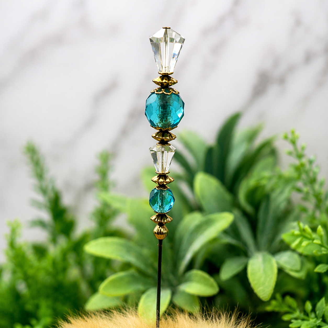 Turquoise Blue & Clear Crystal - Gold Tone Findings- 6” Pin • Hatpin - Stick Pin