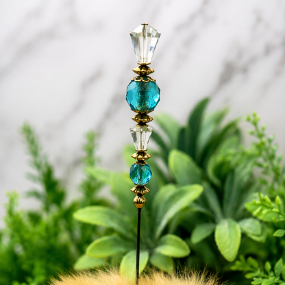 Turquoise Blue & Clear Crystal - Gold Tone Findings- 6” Pin • Hatpin - Stick Pin