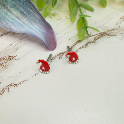 Red Sparkly Star Christmas Santa Hat Post Doll Earrings • 2mm Post for 18 Inch Fashion Doll