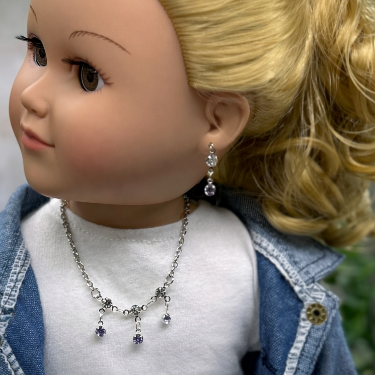 Light Misty Purple & Clear Rhinestone Silver Doll Necklace and Earrings Set for 18 Inch Fashion Dolls
