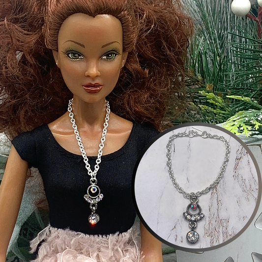 Clear & AB Rhinestone Pendant Silver Chain Doll Necklace • 16”  Doll Jewelry