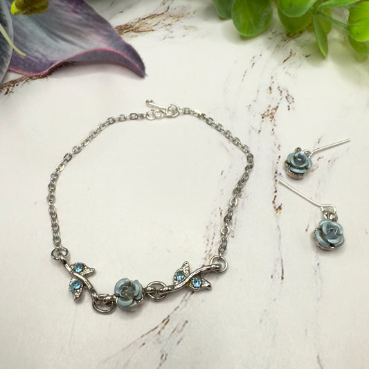 Light Blue Rose Enamel Rhinestone Silver Doll Necklace & Earrings Set • 18 Inch Fashion Doll Jewelry