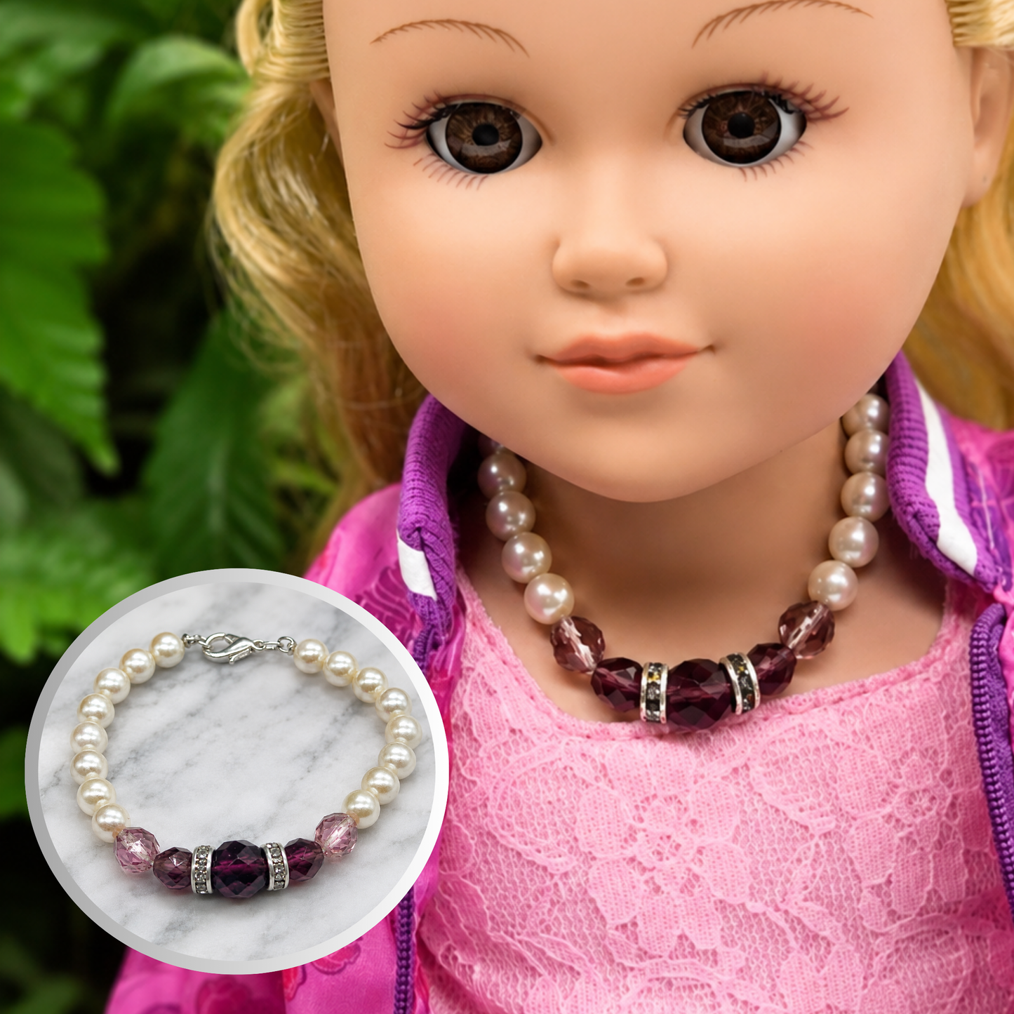 Pearl & Purple Crystal Rhinestone Doll Necklace • 18 Inch Fashion Doll Jewelry