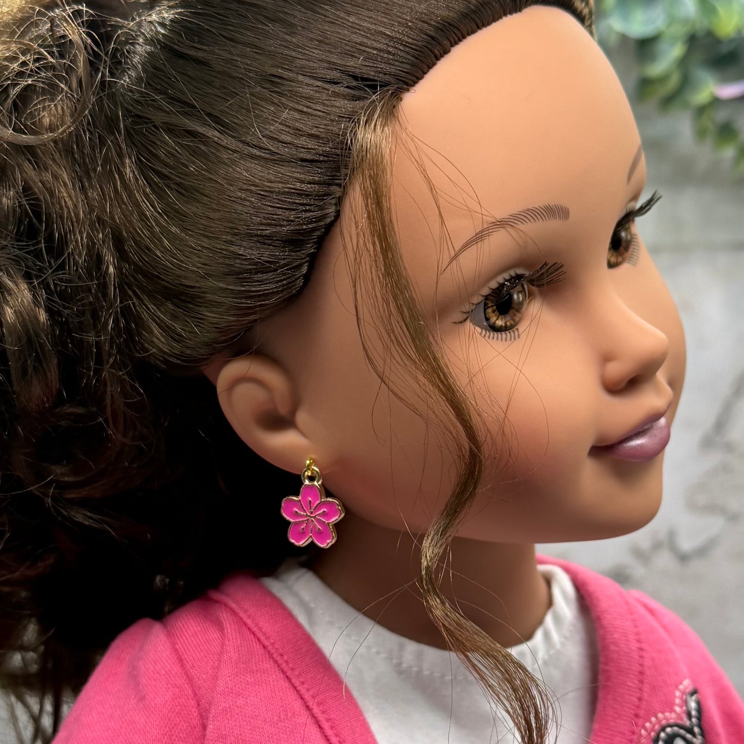 Bright Pink Sakura Cheery Blossom Flower Dangle Doll Earrings • 18 Inch Fashion Doll Jewelry