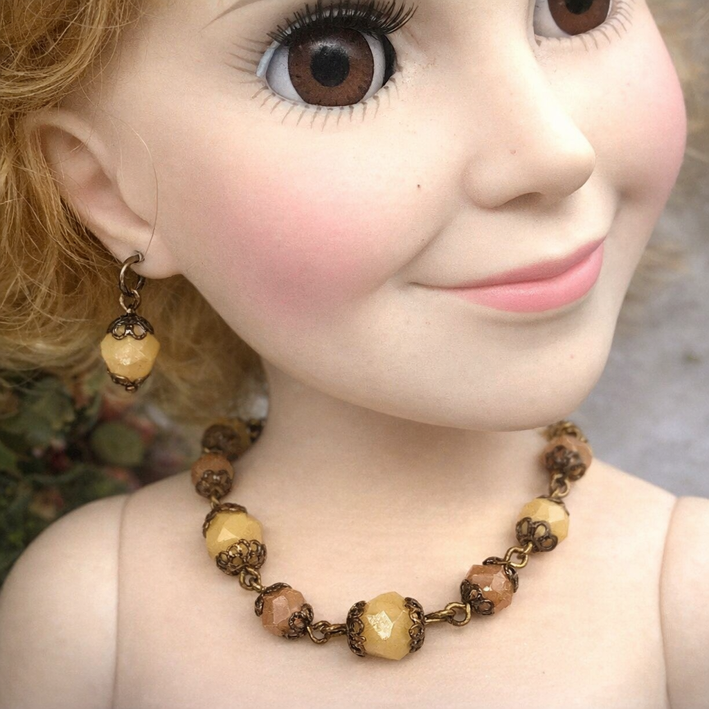 Brown Beige Bead Bronze Filigree Necklace Earrings Set for 18-22” Vintage Doll