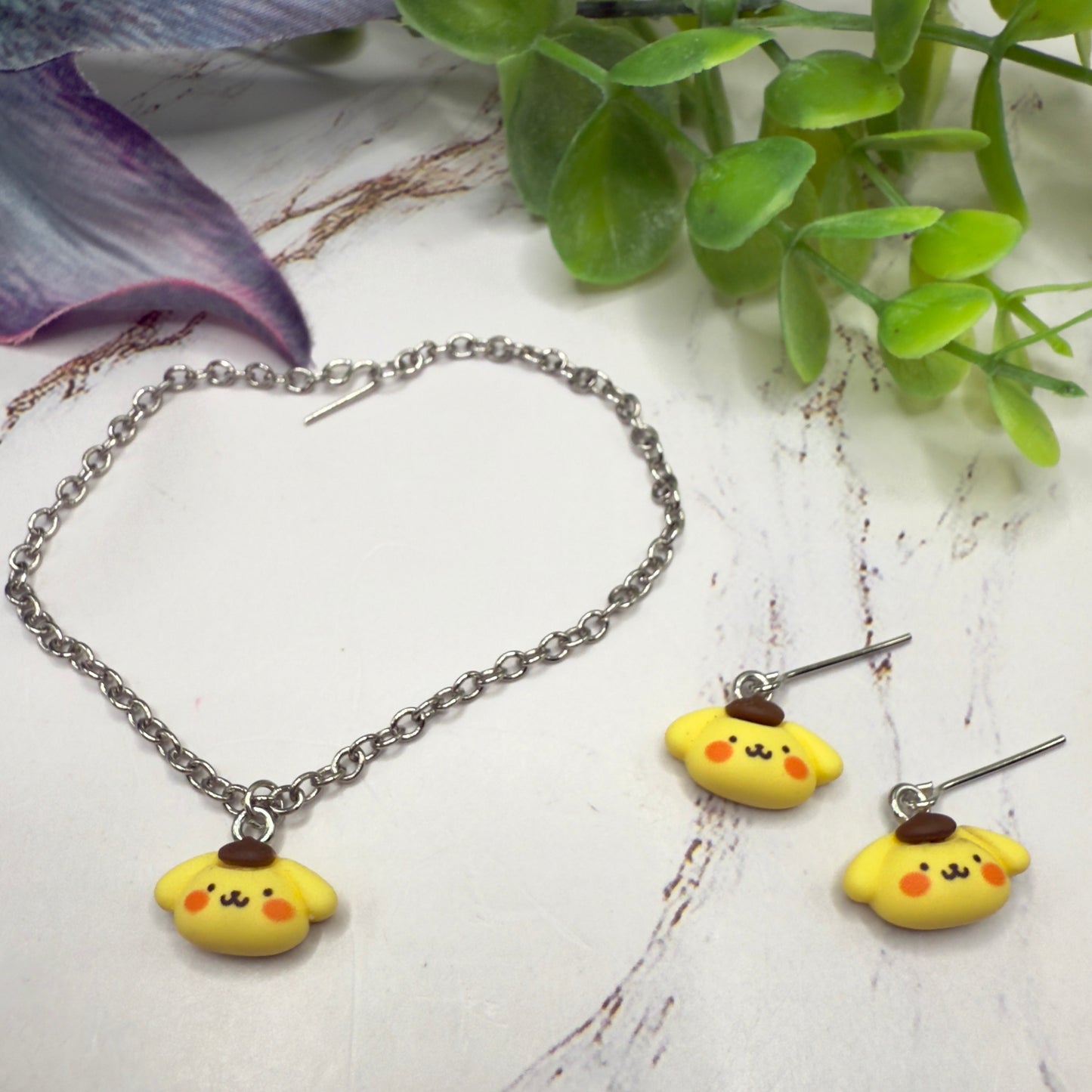 Pompompurin Sanrio Dog Charm Doll Necklace & Earrings Set • 18 Inch Fashion Doll Jewelry