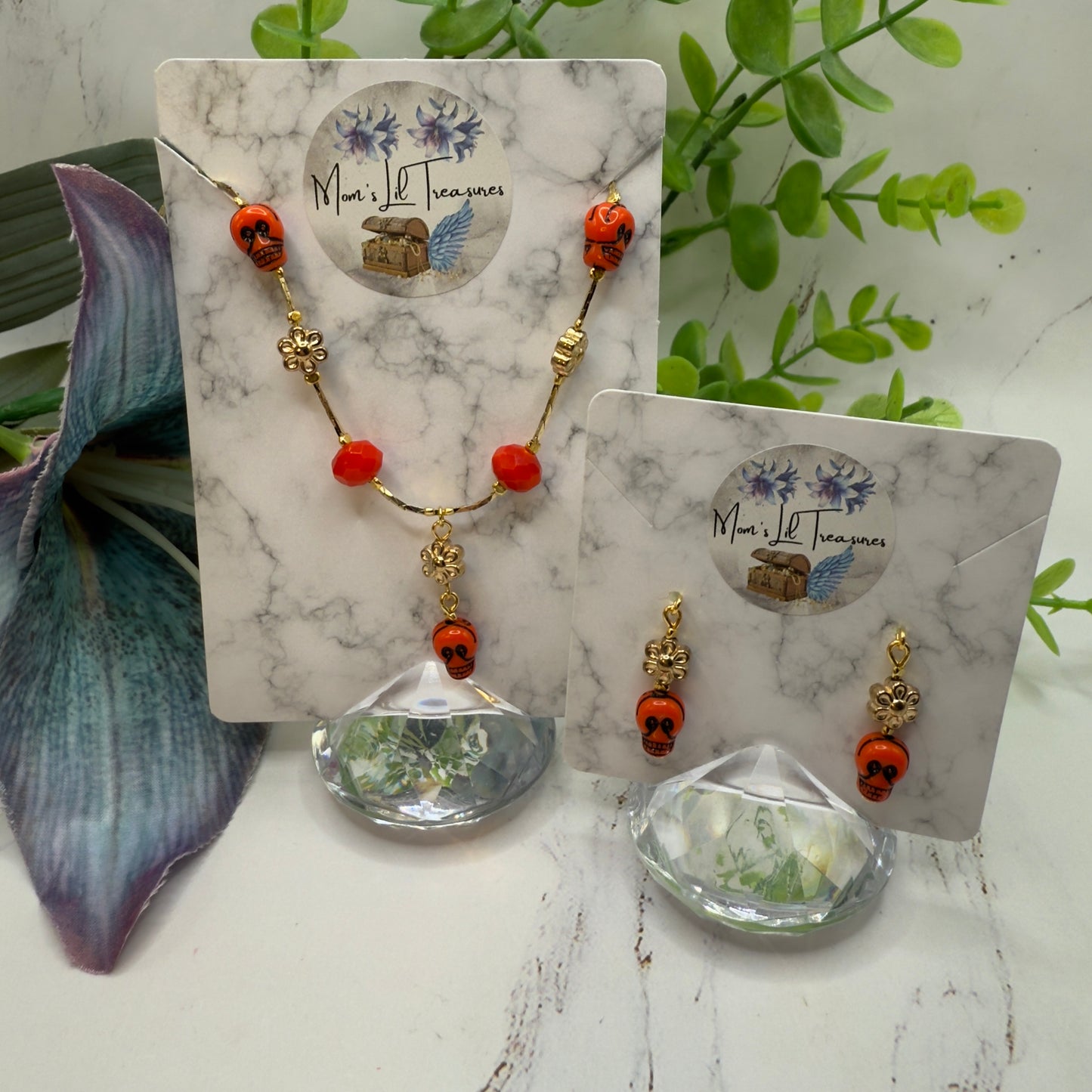 Red Skull Flower Charm Halloween Acrylic Beaded Gold Chain Doll Necklace and Earrings Set • 18 Inch Fashion Doll Jewelry