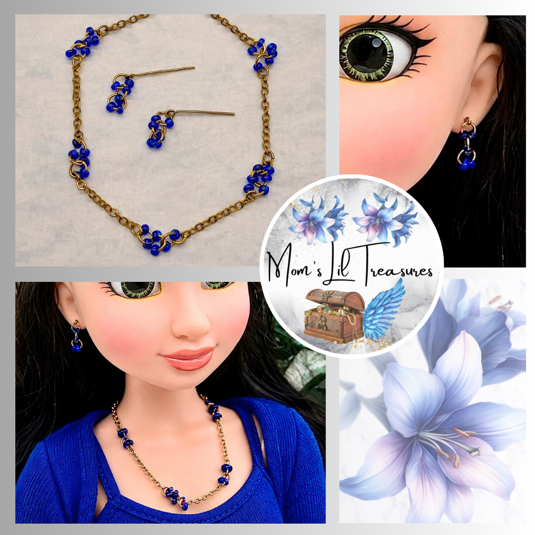 Gold Chain Blue Bead Accents Necklace Earring Set for 18 Inch Fashion Doll