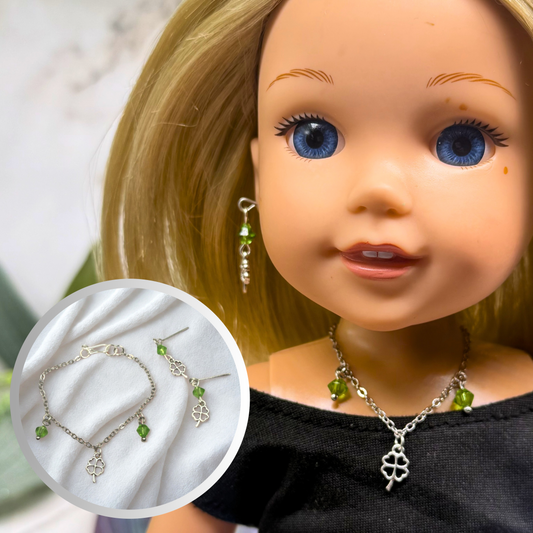 Silver Shamrock Charms Green Crystal Dangles Doll Necklace & Earrings • 14 Inch Fashion Doll Jewelry