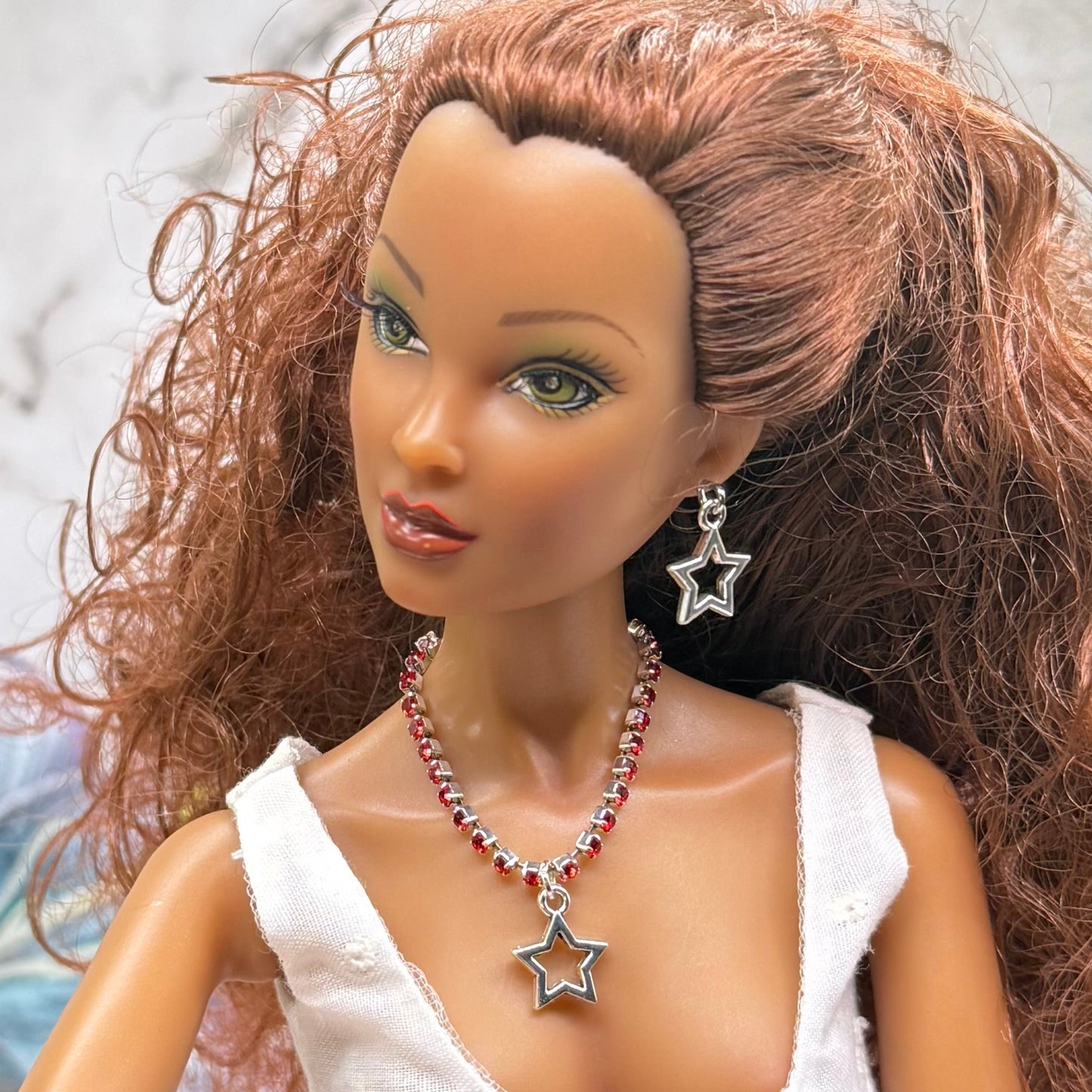 Red Rhinestone Silver Star Charm Doll Necklace & Earrings Set for 16 Inch Fashion Doll