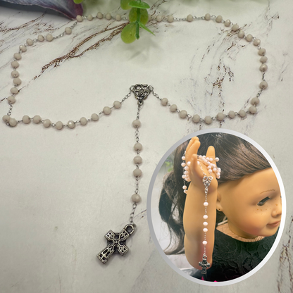 Cream Color - Off White Glass Crystal Beaded Silver Cross • Doll Size Catholic Rosary for 18-22” Fashion or Vintage Dolls