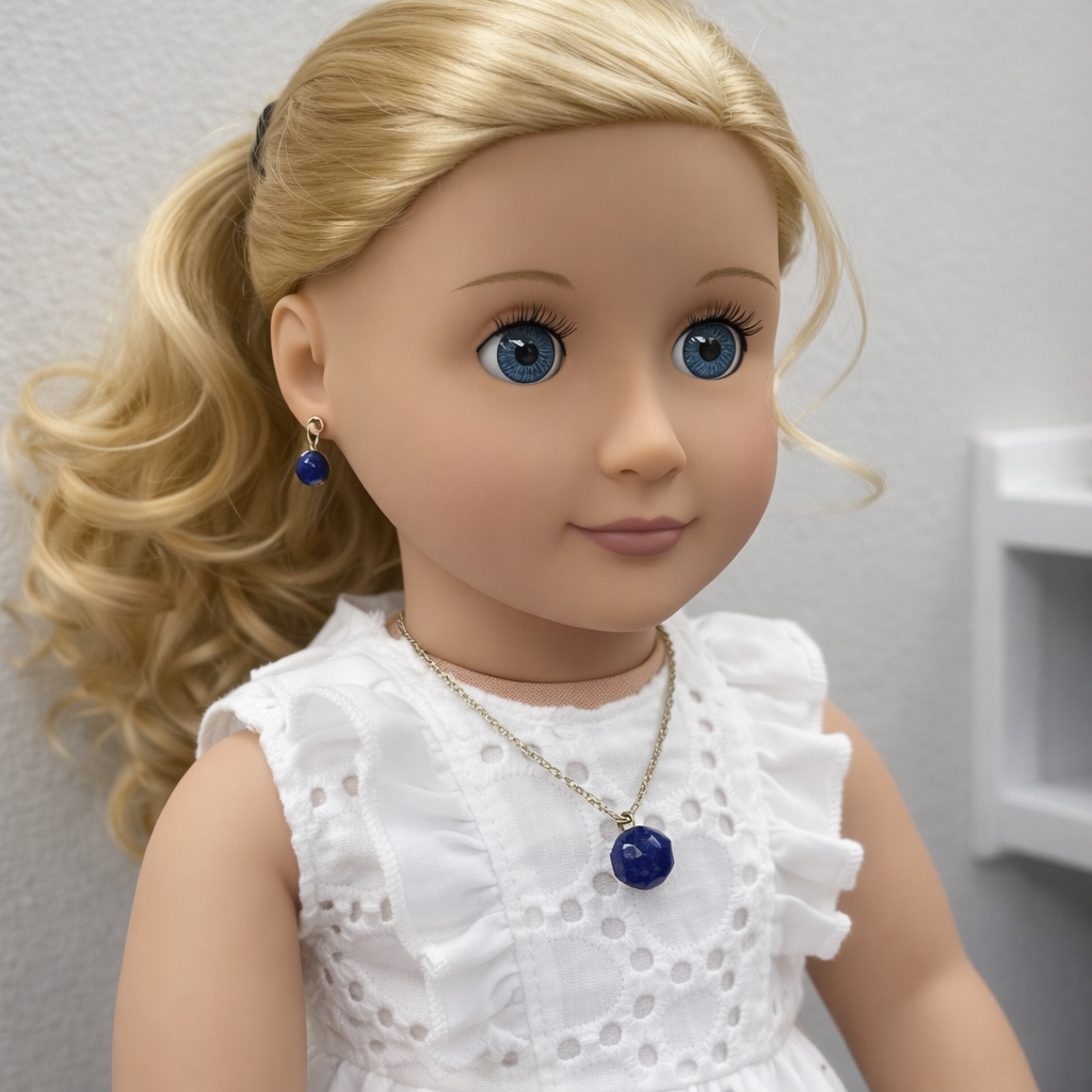 Blue Glass Drop Pendant Doll Necklace Earrings Set • 18 Inch Doll Jewelry