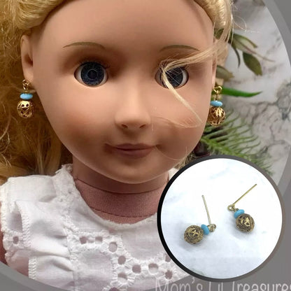 Blue Glass Gold Filigree Ball Dangle Doll Earrings • 18” Fashion Doll Jewelry