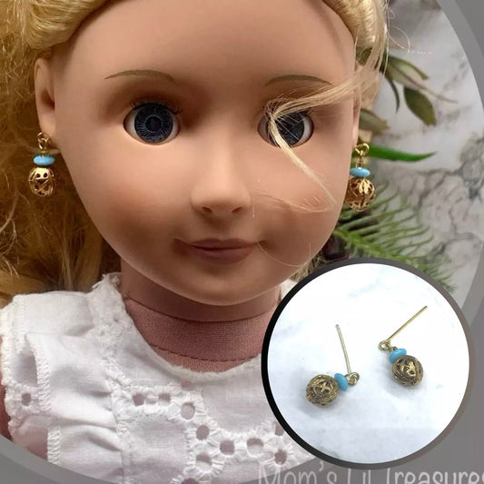 Blue Glass Gold Filigree Ball Dangle Doll Earrings • 18” Fashion Doll Jewelry