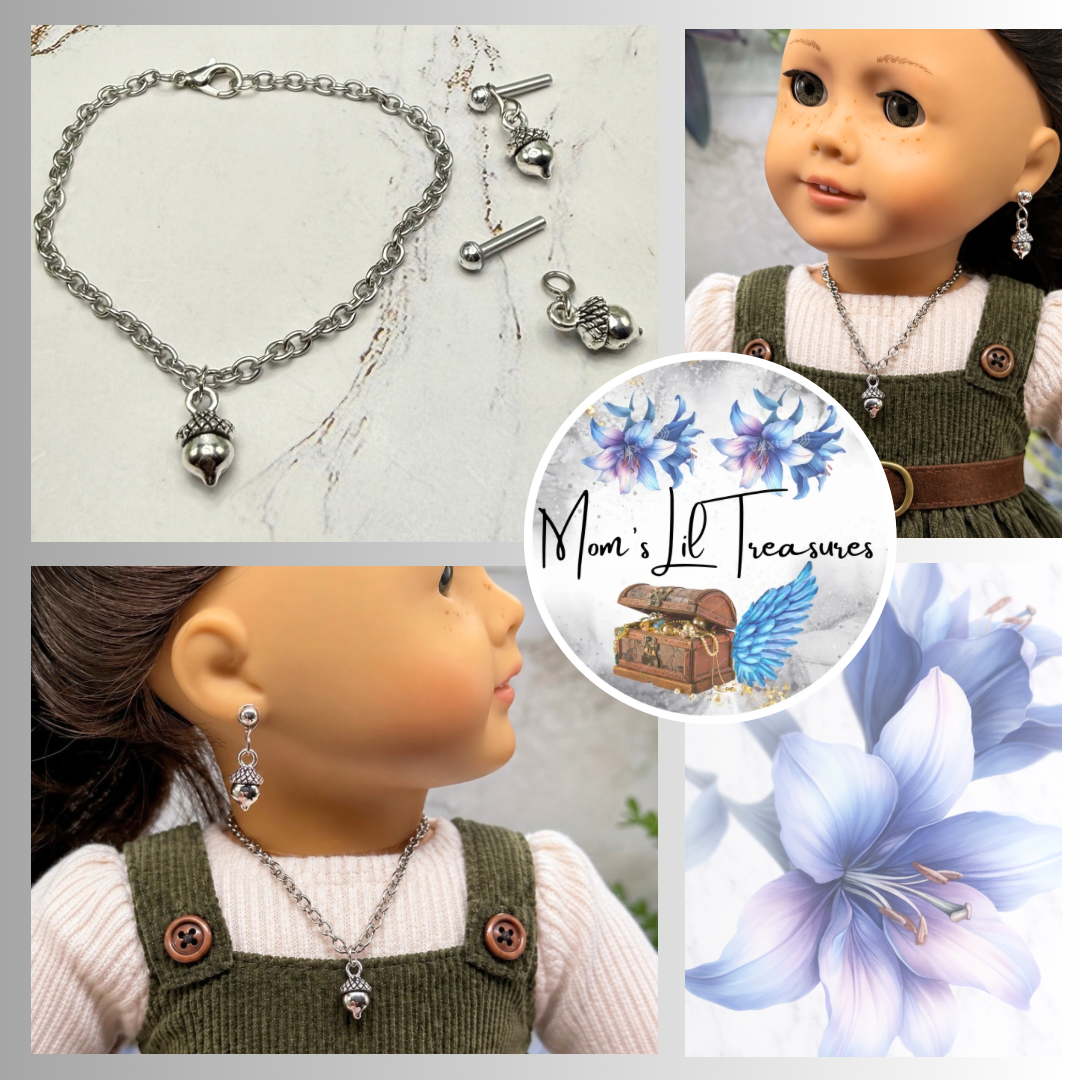Acorn Harvest Autumn Charm Silver Doll Necklace and 2mm Post Earrings Set | for 18 Inch Fashion Doll • American Girl
