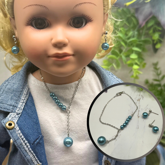 Turquoise Dusty Blue Pearl Drop Necklace & Earrings Set • 18 Inch Fashion Doll Jewelry