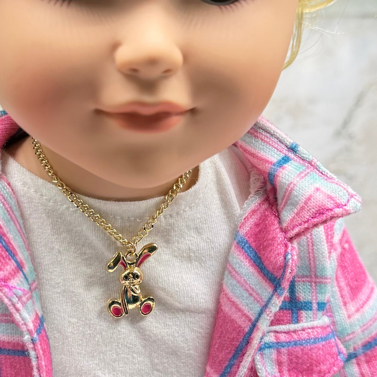 Bright Pink Accent Floppy Ear Bunny Charm Gold Doll Necklace • 18 Inch Fashion Doll Jewelry