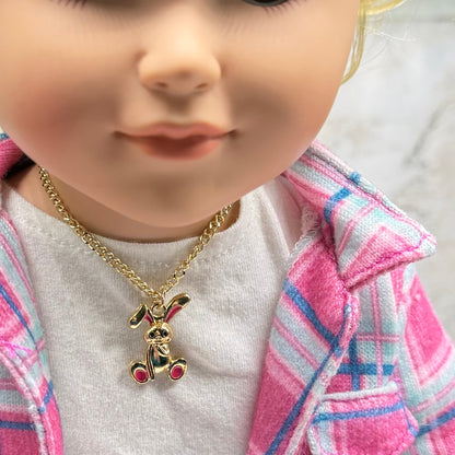 Bright Pink Accent Floppy Ear Bunny Charm Gold Doll Necklace • 18 Inch Fashion Doll Jewelry