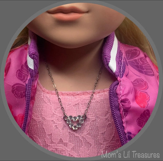Silver Chain Rhinestone Heart Pendant Doll Necklace •18 Inch Fashion Doll Jewelry