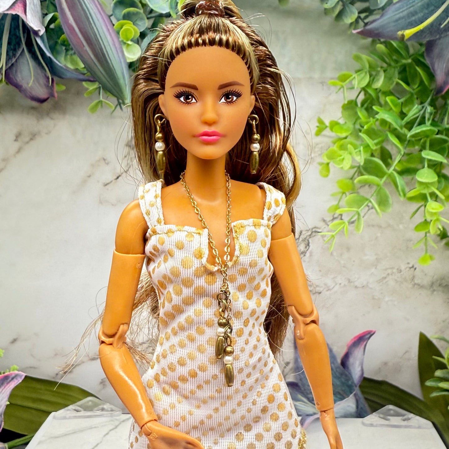 Brass Bronze Pearl Drop Wrap Doll Necklace / Belt & Earrings • 10-12 Inch Fashion Doll Jewelry 1:6