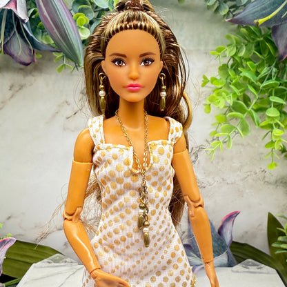 Brass Bronze Pearl Drop Wrap Doll Necklace / Belt & Earrings • 10-12 Inch Fashion Doll Jewelry 1:6