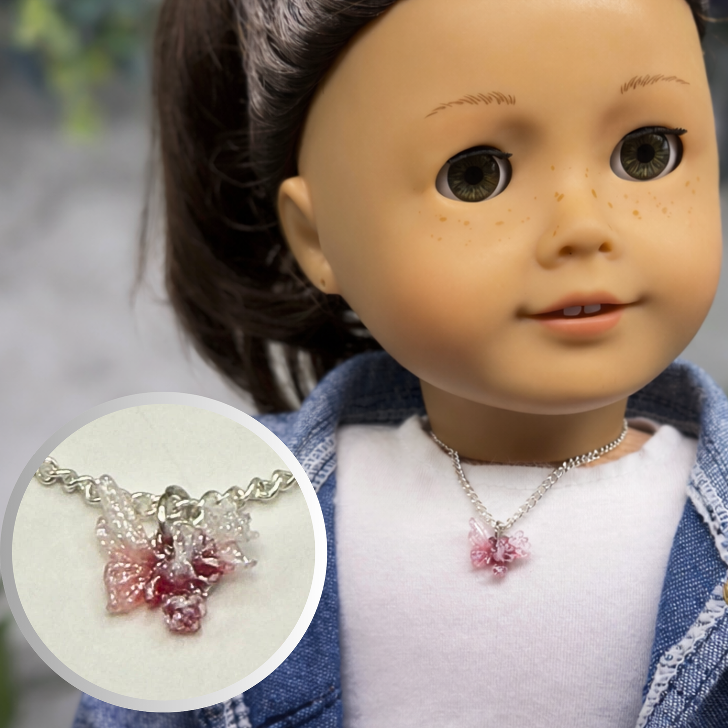 Pink White Glittery Acrylic Floral Butterfly Charm Silver Chain Doll Necklace • 18 Inch Fashion Doll Jewelry