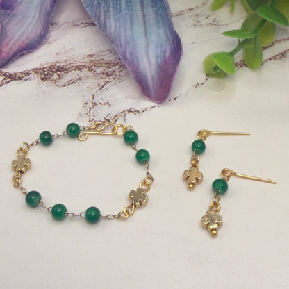 Green Beaded Gold Four- Leaf Clover Charms Doll Necklace & Earrings • 14 Inch Fashion Doll Jewelry