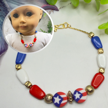 Red White Blue Beaded Flag Charm Doll Necklace for 18 Inch Fashion Doll