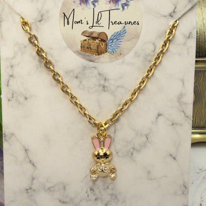 Bunny Pink & White Enamel Detail Charm Doll Necklace - Easter • 18 Inch Fashion Doll Jewelry