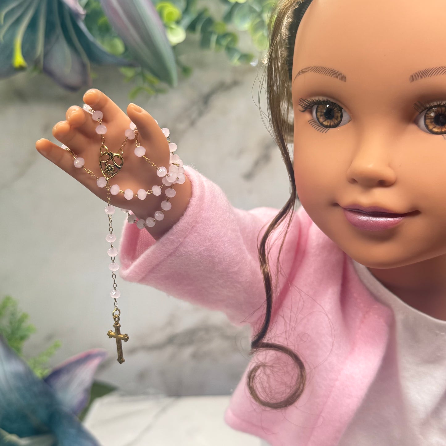 Light Pink Glass Crystal Gold Cross • Doll Size Catholic Rosary for 18-22” Fashion or Vintage Dolls