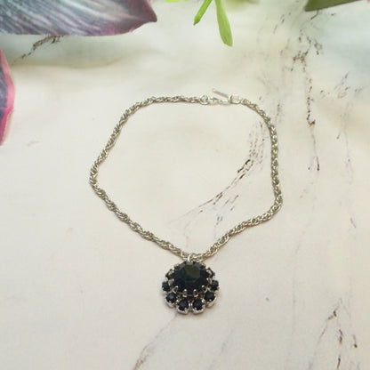 Black Rhinestone Round Flower Pendant Silver Chain Doll Necklace • 18 Inch Fashion Doll Jewelry