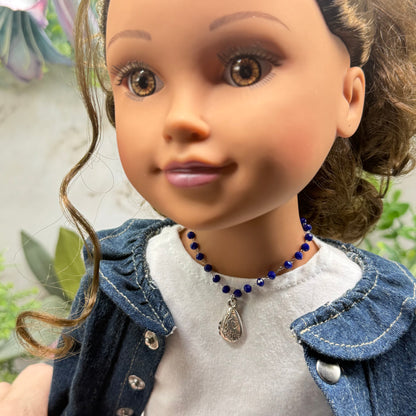 Blue Glass Crystal Beaded Chain Silver Teardrop Heart Flower Design Pendant Doll Necklace • 18 Inch Fashion Doll Jewelry